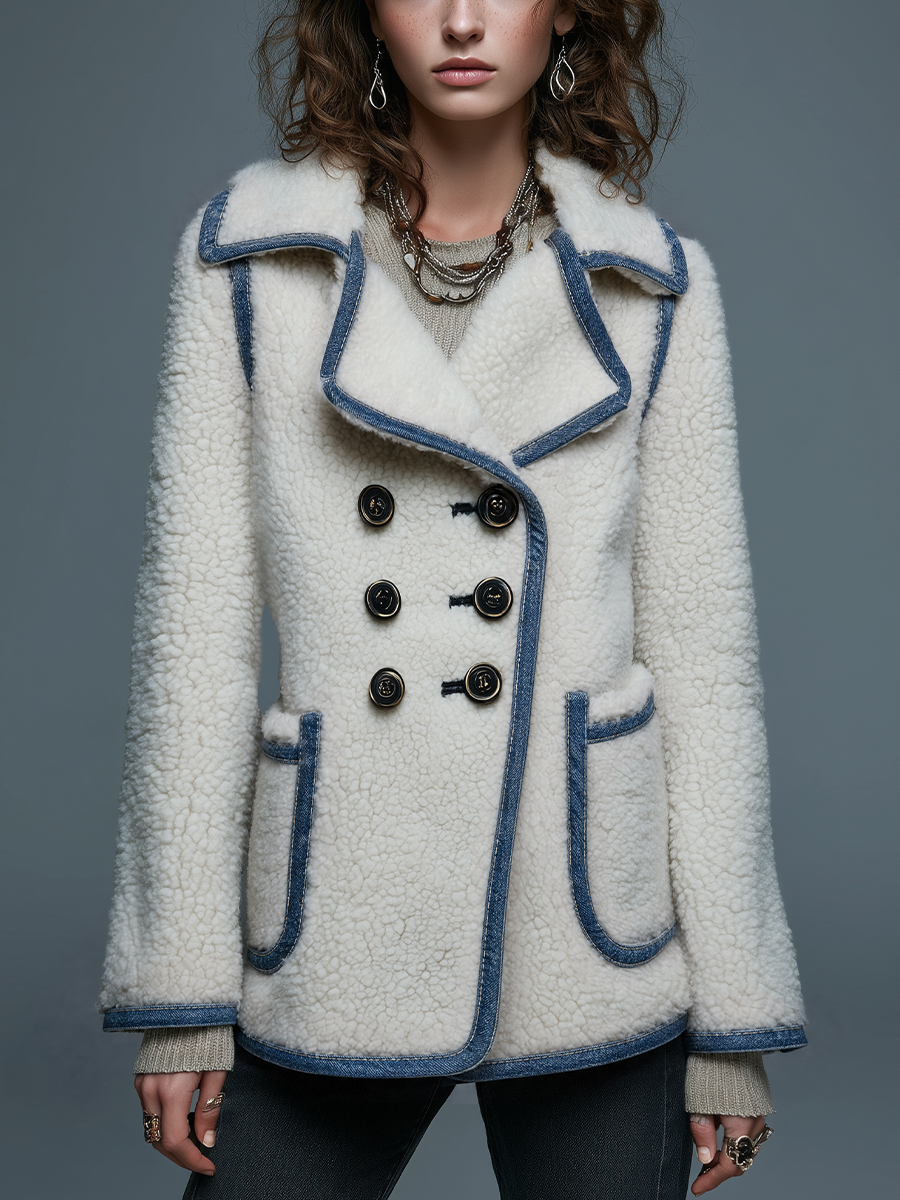 Chaqueta Sherpa Marfil Cruzada Ribete Denim