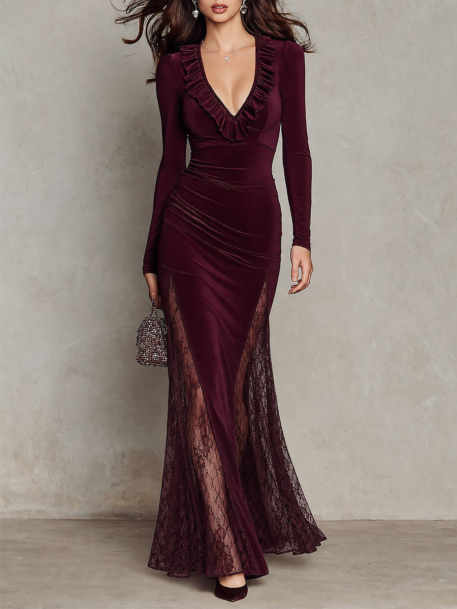 Vestido Maxi Burdeos Terciopelo Escote V Encaje Volante