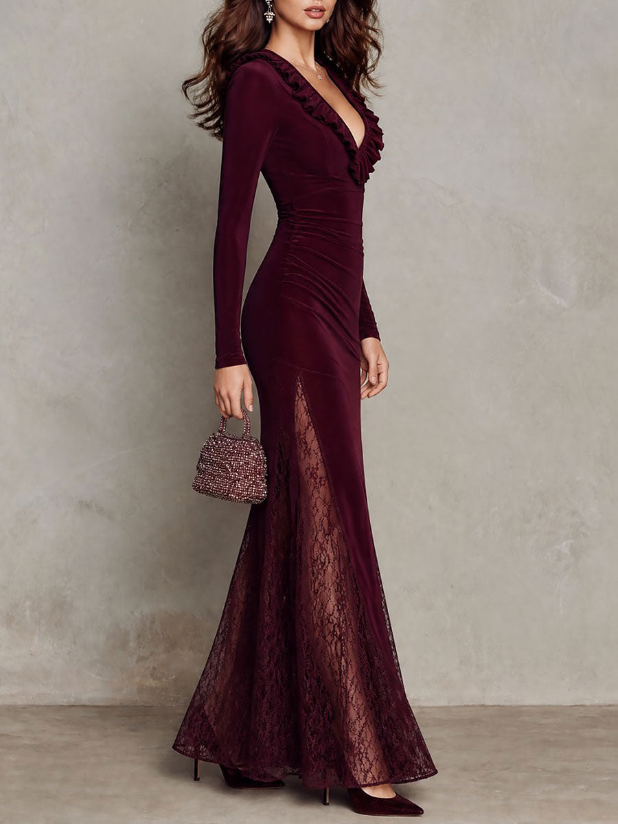 Vestido Maxi Burdeos Terciopelo Escote V Encaje Volante