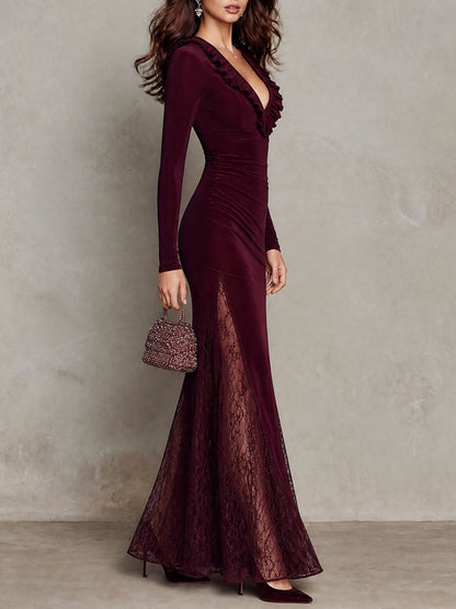 Vestido Maxi Burdeos Terciopelo Escote V Encaje Volante