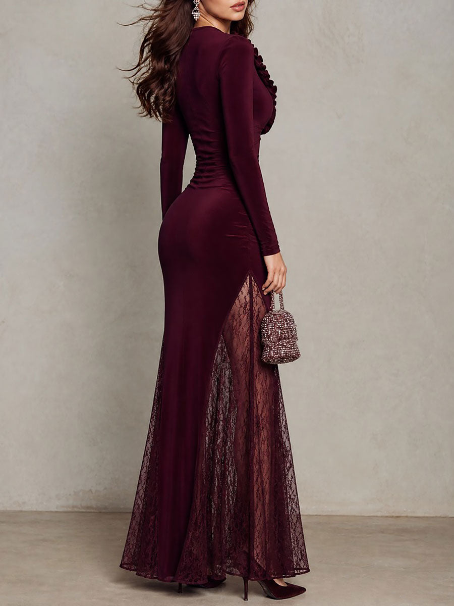 Vestido Maxi Burdeos Terciopelo Escote V Encaje Volante