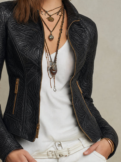 Chaqueta Motera Negra Relieve Texturizado