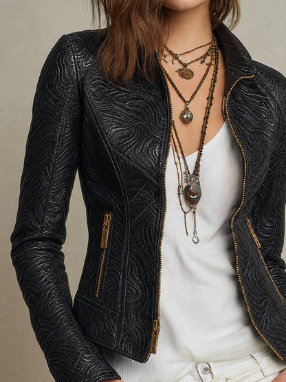 Chaqueta Motera Negra Relieve Texturizado