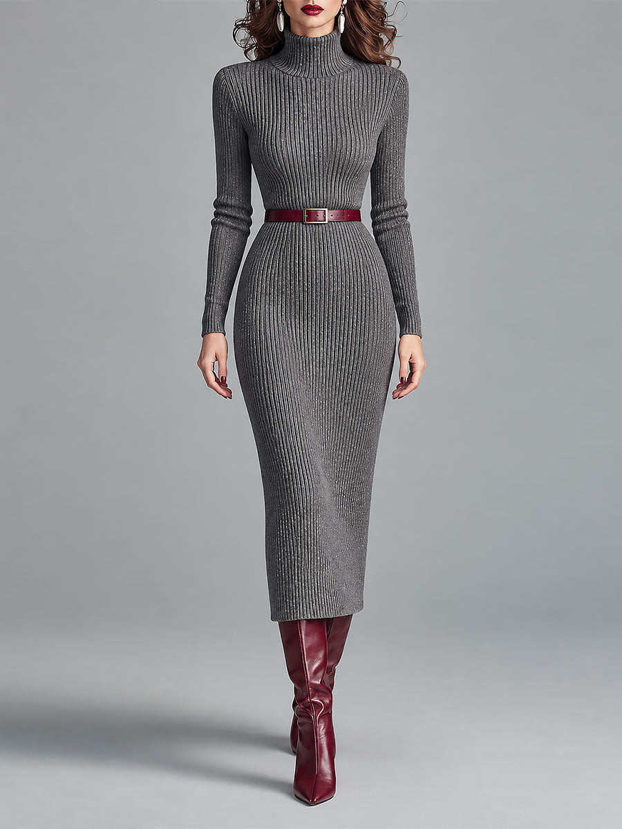 Vestido Midi Gris Punto Cuello Alto Cinturón