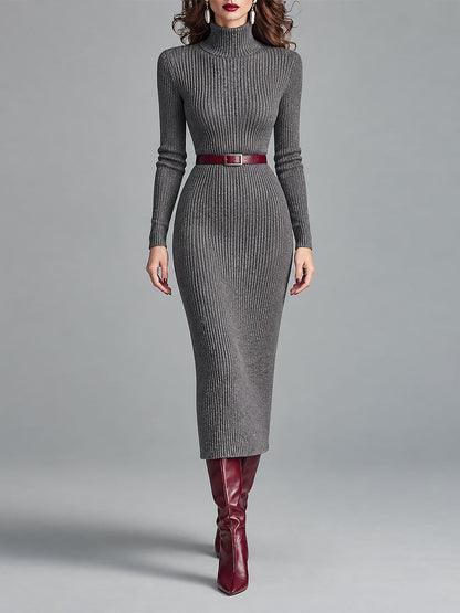 Vestido Midi Gris Punto Cuello Alto Cinturón