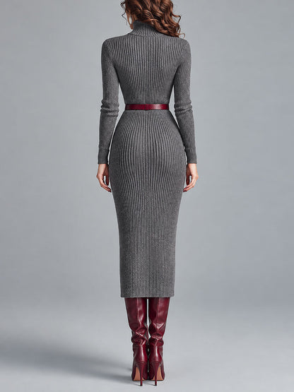 Vestido Midi Gris Punto Cuello Alto Cinturón