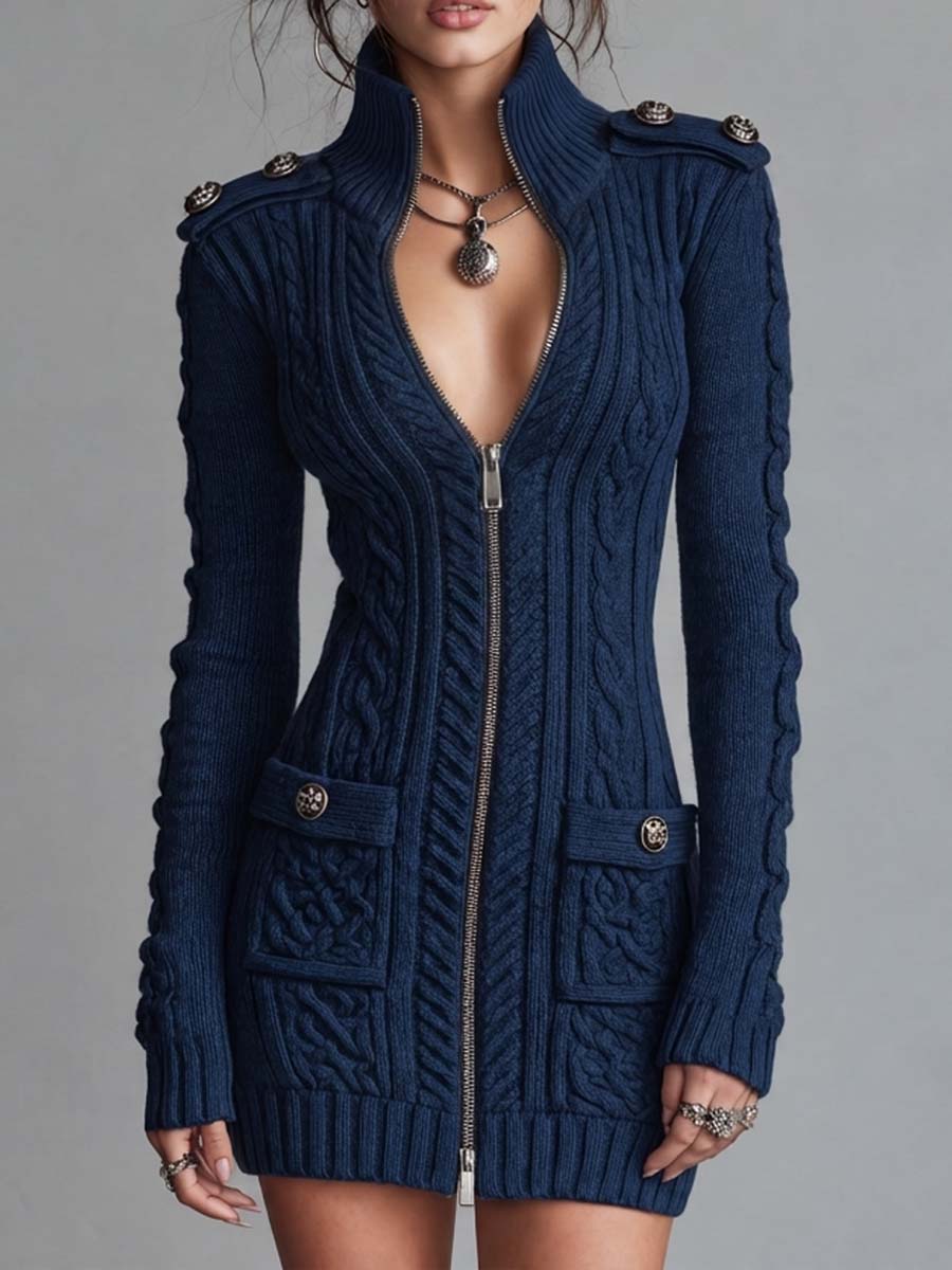 Vestido Mini Azul Marino Punto Militar Cremallera