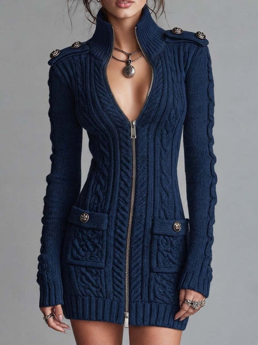 Vestido Mini Azul Marino Punto Militar Cremallera