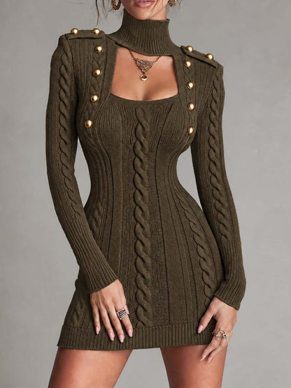 Vestido Punto Trenzado Verde Oliva Botones Dorados