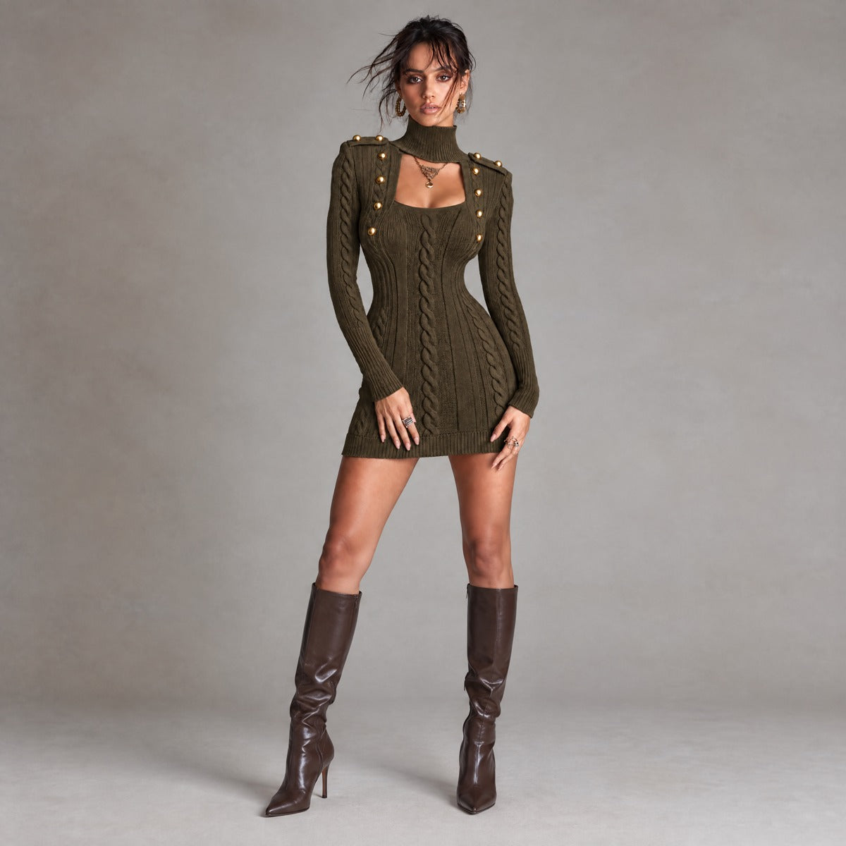 Vestido Punto Trenzado Verde Oliva Botones Dorados