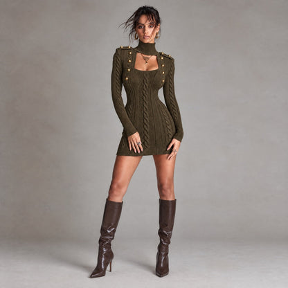 Vestido Punto Trenzado Verde Oliva Botones Dorados
