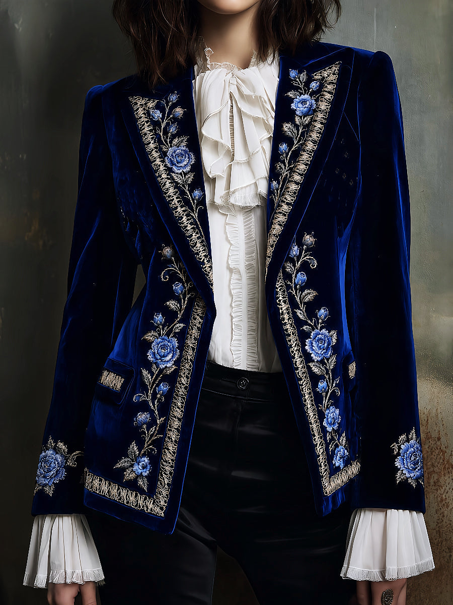 Chaqueta Terciopelo Azul Rosas Bordadas