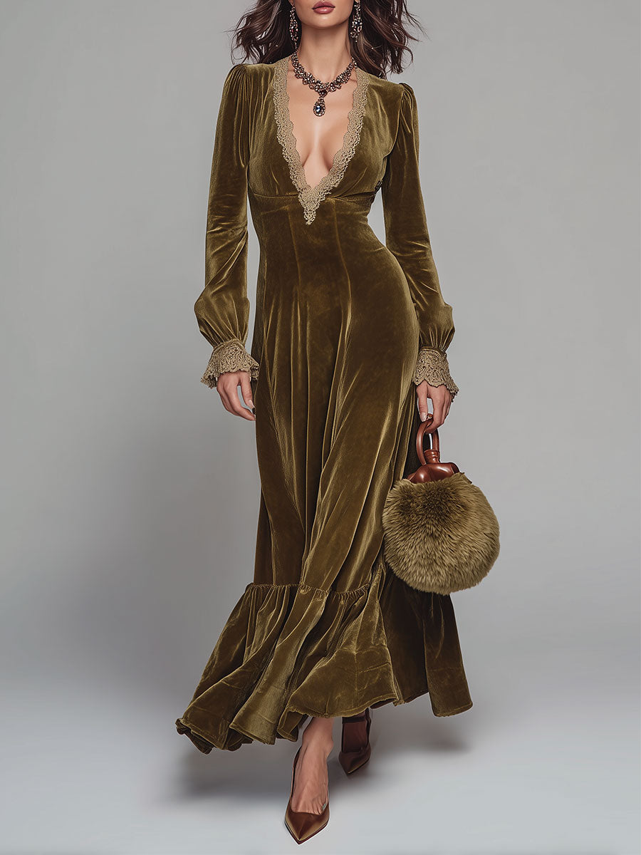 Vestido Maxi Verde Oliva Terciopelo Escote V Encaje