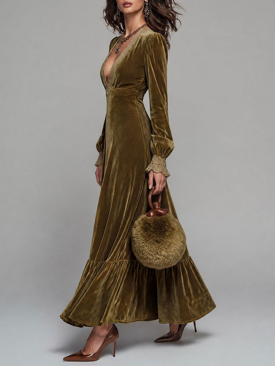 Vestido Maxi Verde Oliva Terciopelo Escote V Encaje
