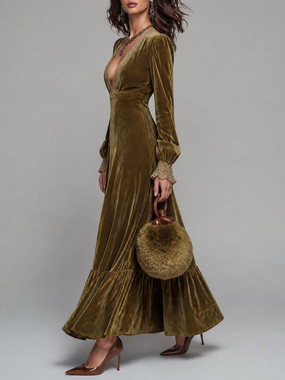 Vestido Maxi Verde Oliva Terciopelo Escote V Encaje