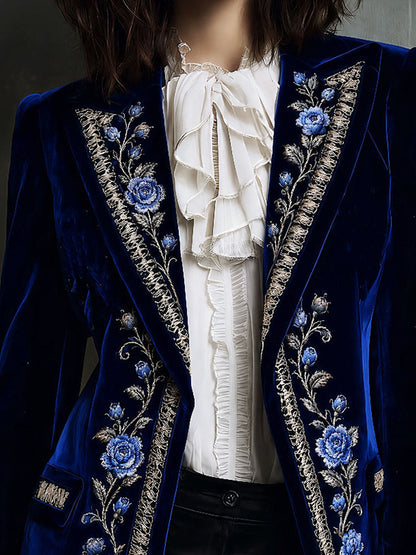 Chaqueta Terciopelo Azul Rosas Bordadas