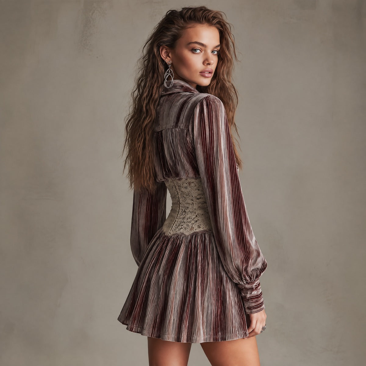 Vestido Camisero Marrón Terciopelo Rayas Encaje
