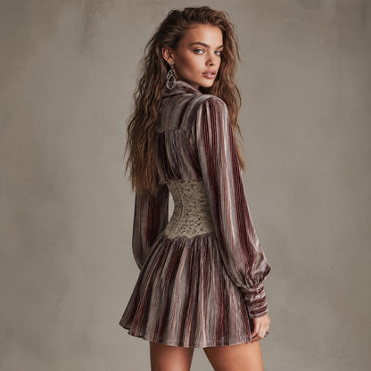 Vestido Camisero Marrón Terciopelo Rayas Encaje