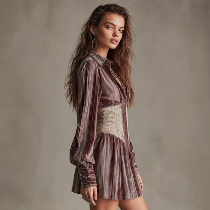 Vestido Camisero Marrón Terciopelo Rayas Encaje