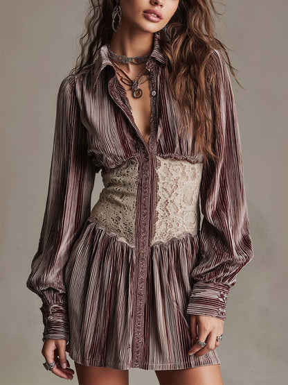 Vestido Camisero Marrón Terciopelo Rayas Encaje