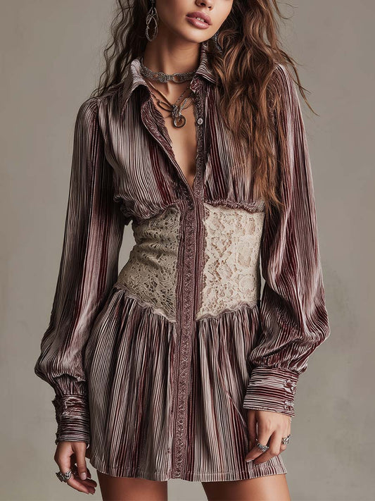 Vestido Camisero Marrón Terciopelo Rayas Encaje