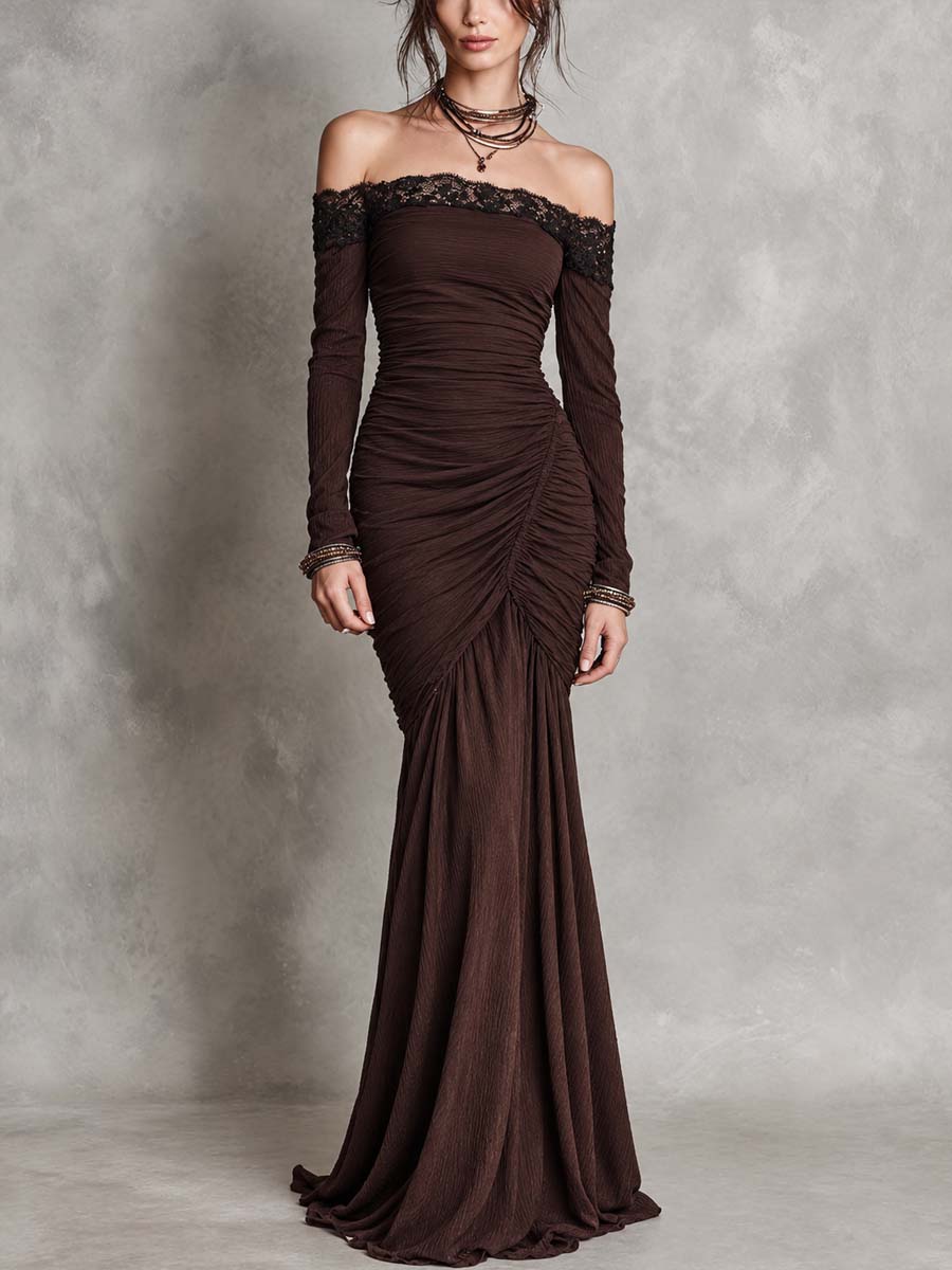 Vestido Maxi Marrón Encaje Hombros Descubiertos Vintage