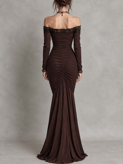 Vestido Maxi Marrón Encaje Hombros Descubiertos Vintage