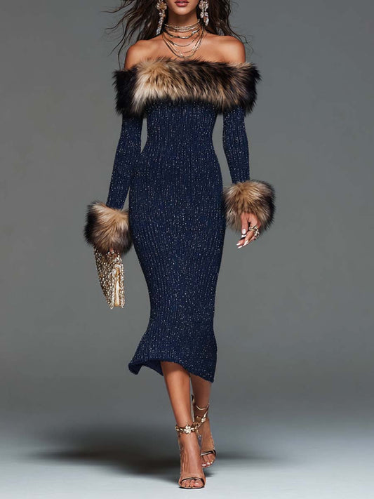 Vestido Midi Azul Marino Hombros Descubiertos Brillo Pelo