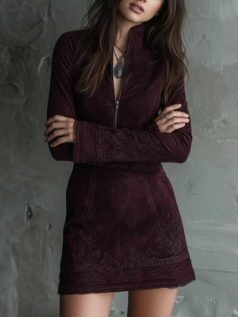 Vestido Mini Ante Granate Bordado Encaje