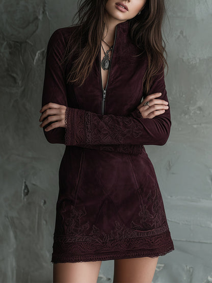 Vestido Mini Ante Granate Bordado Encaje