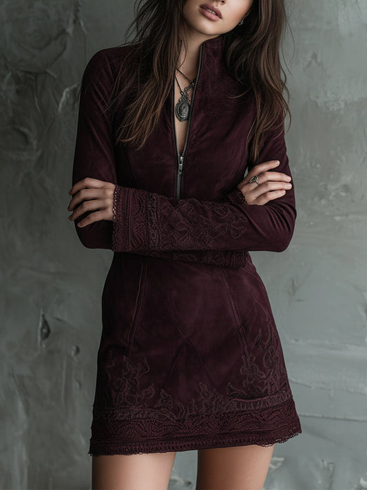 Vestido Mini Ante Granate Bordado Encaje