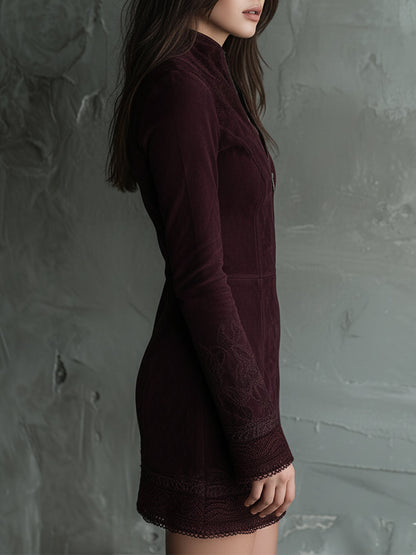Vestido Mini Ante Granate Bordado Encaje