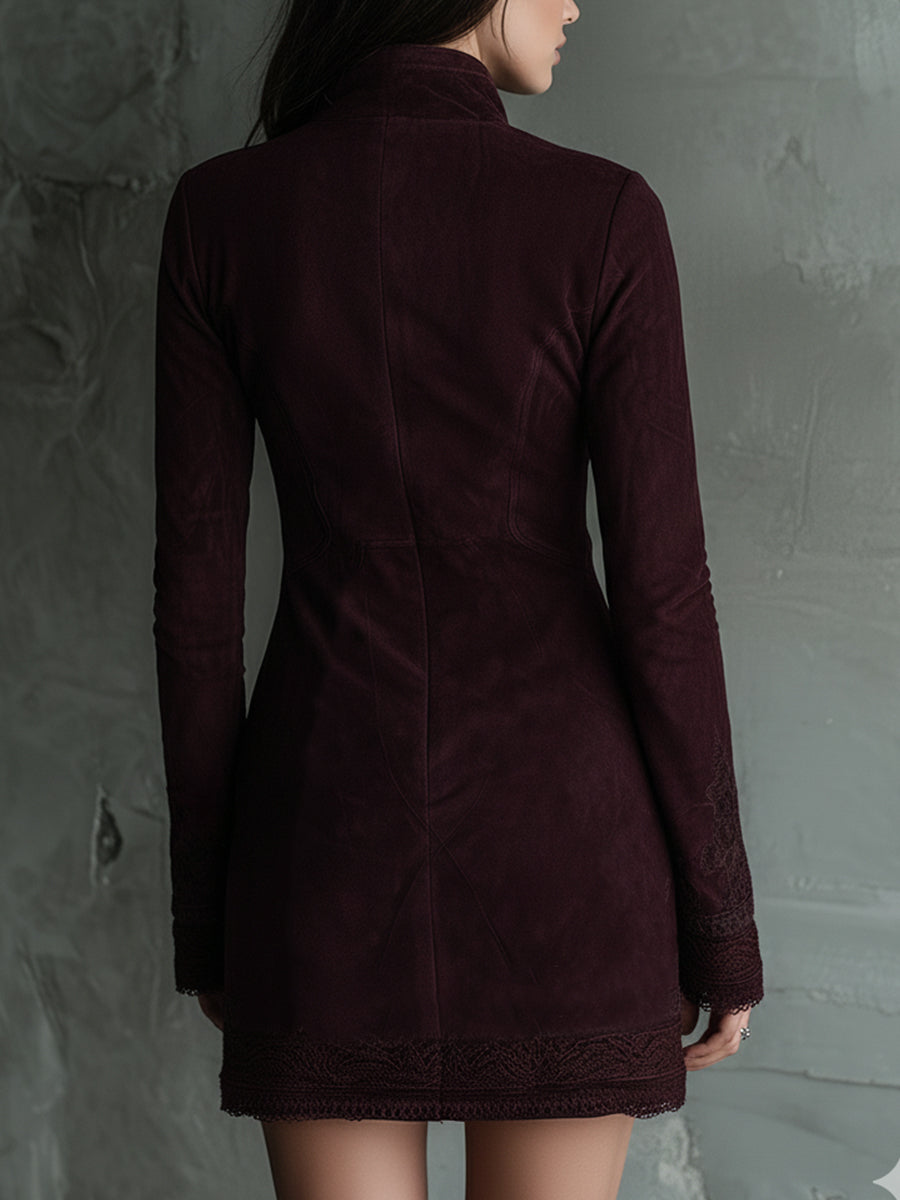 Vestido Mini Ante Granate Bordado Encaje