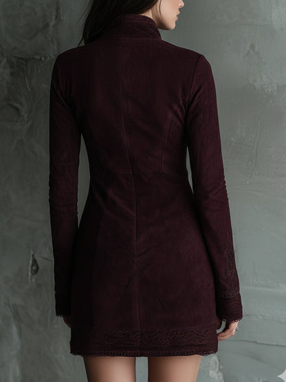 Vestido Mini Ante Granate Bordado Encaje