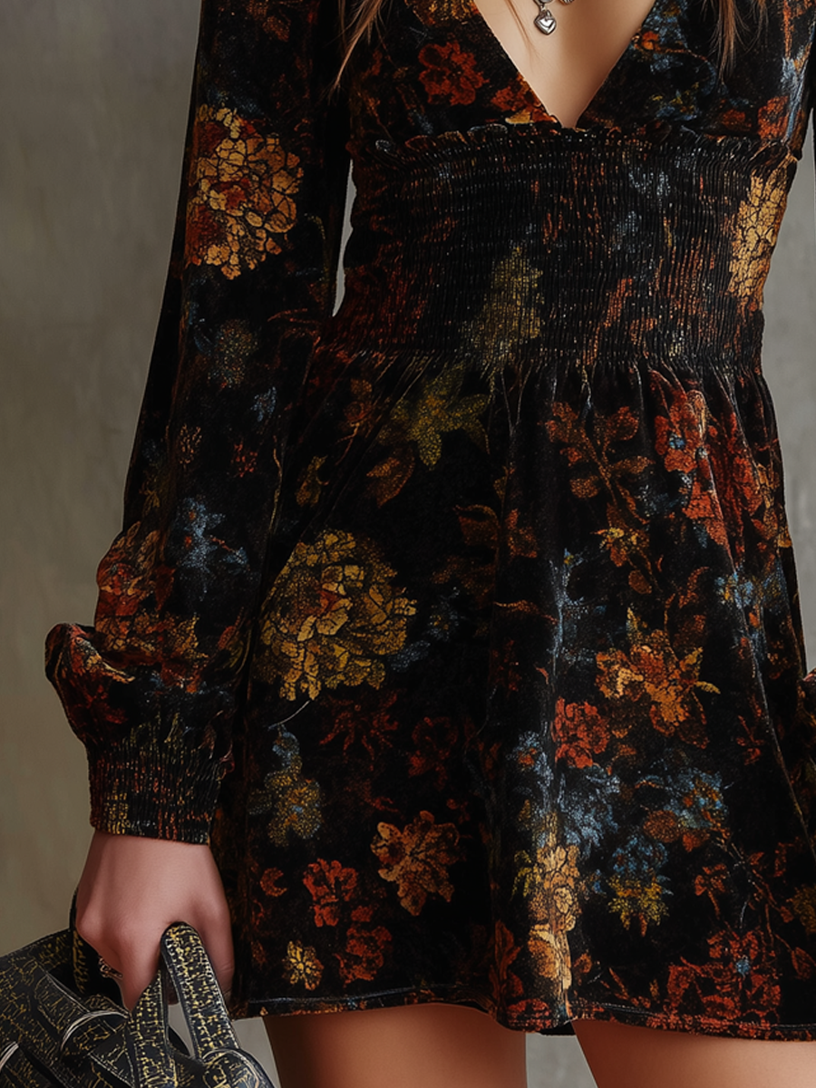 Vestido Mini Terciopelo Negro Floral Cintura Plisada
