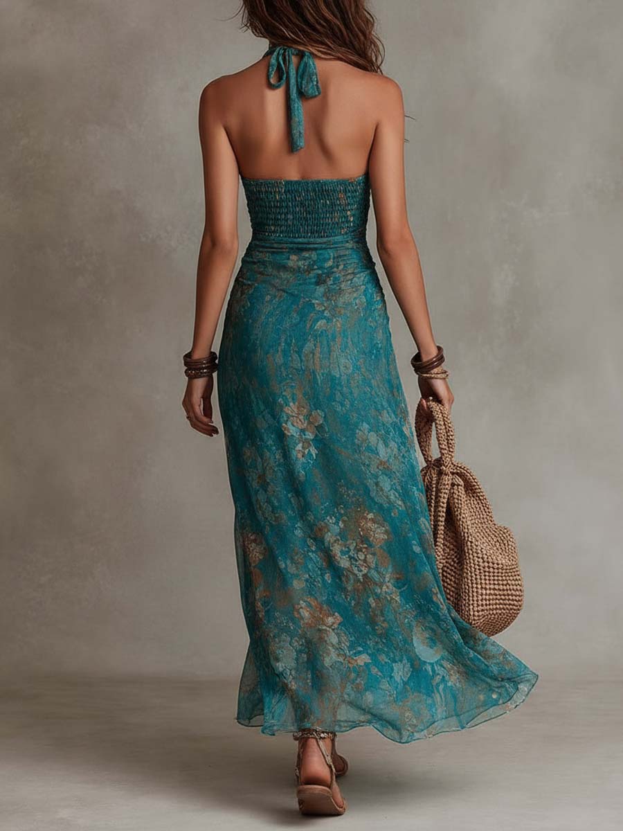 Vestido Maxi Chiffon Verde Azulado Halter Fruncido
