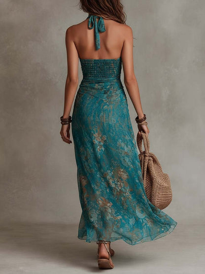 Vestido Maxi Chiffon Verde Azulado Halter Fruncido