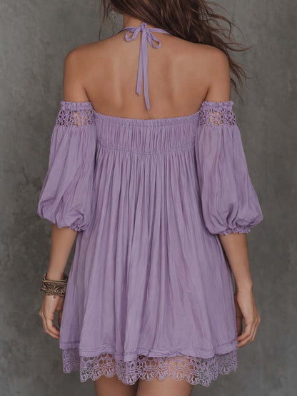 Vestido Mini Lavanda Bordado Hombros Descubiertos