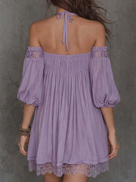 Vestido Mini Lavanda Bordado Hombros Descubiertos