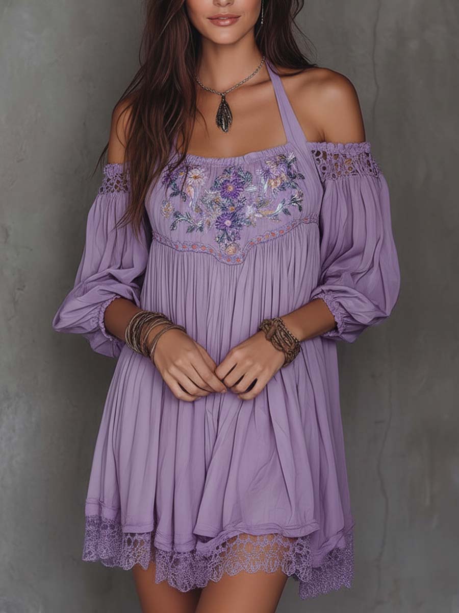 Vestido Mini Lavanda Bordado Hombros Descubiertos