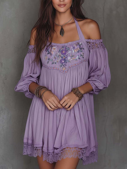 Vestido Mini Lavanda Bordado Hombros Descubiertos