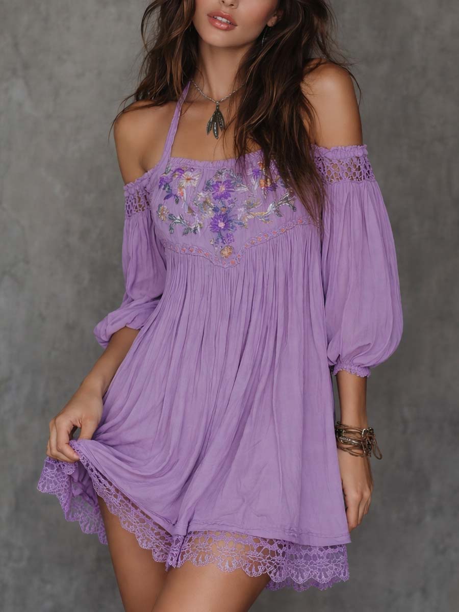 Vestido Mini Lavanda Bordado Hombros Descubiertos