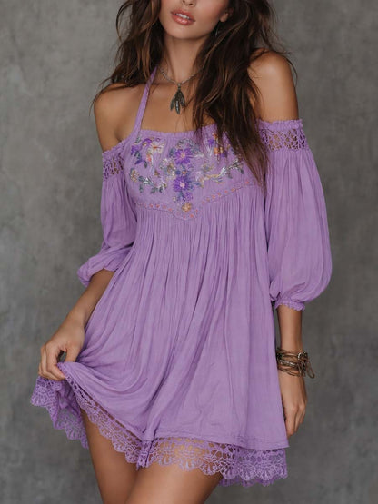 Vestido Mini Lavanda Bordado Hombros Descubiertos