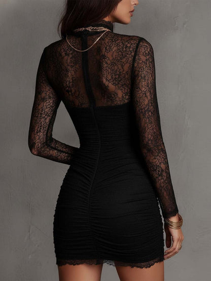 Vestido Mini Negro Encaje Floral Cuello Alto Fruncido