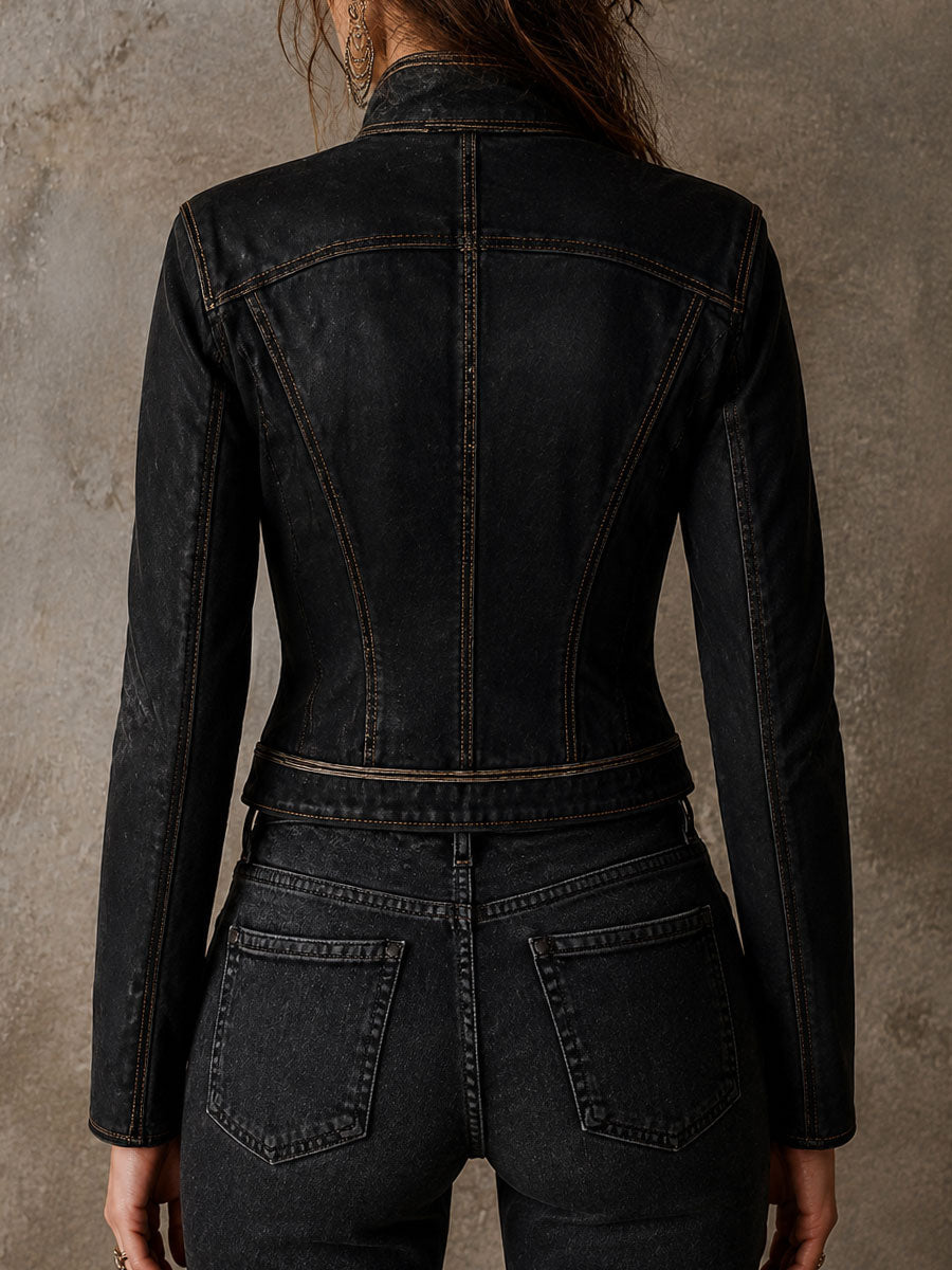 Chaqueta Piel Negra Militar Ribete Dorado