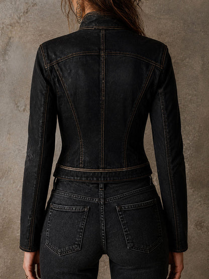 Chaqueta Piel Negra Militar Ribete Dorado
