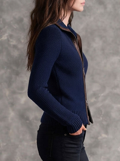 Chaqueta Punto Azul Marino Ribete Piel Motera