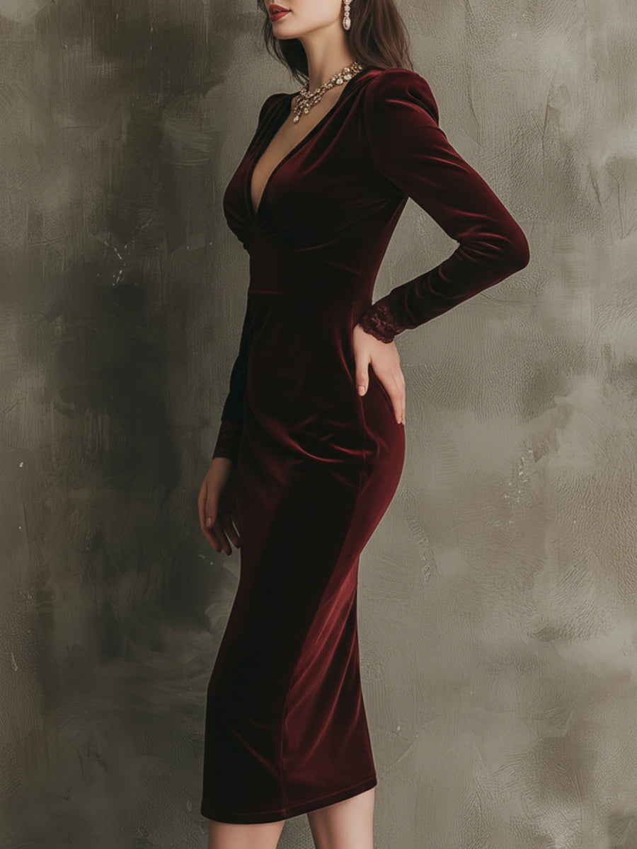 Vestido Midi Granate Encaje Terciopelo Lujo Discreto