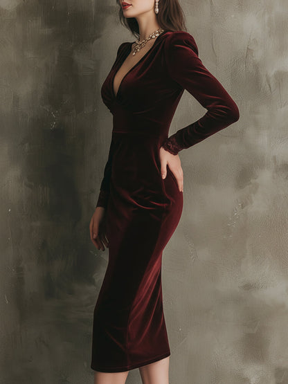 Vestido Midi Granate Encaje Terciopelo Lujo Discreto