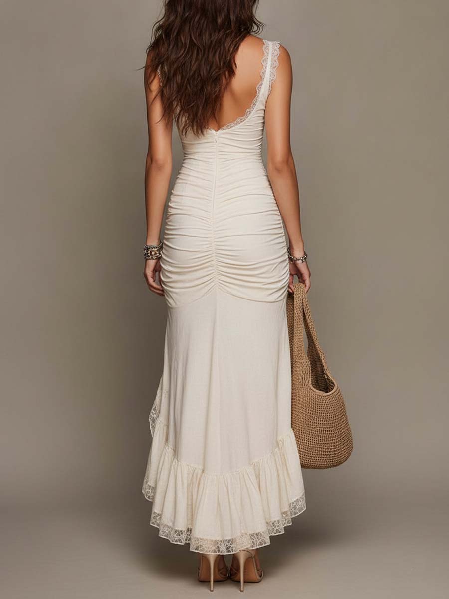 Vestido Midi Marfil Sirena Encaje Fruncido